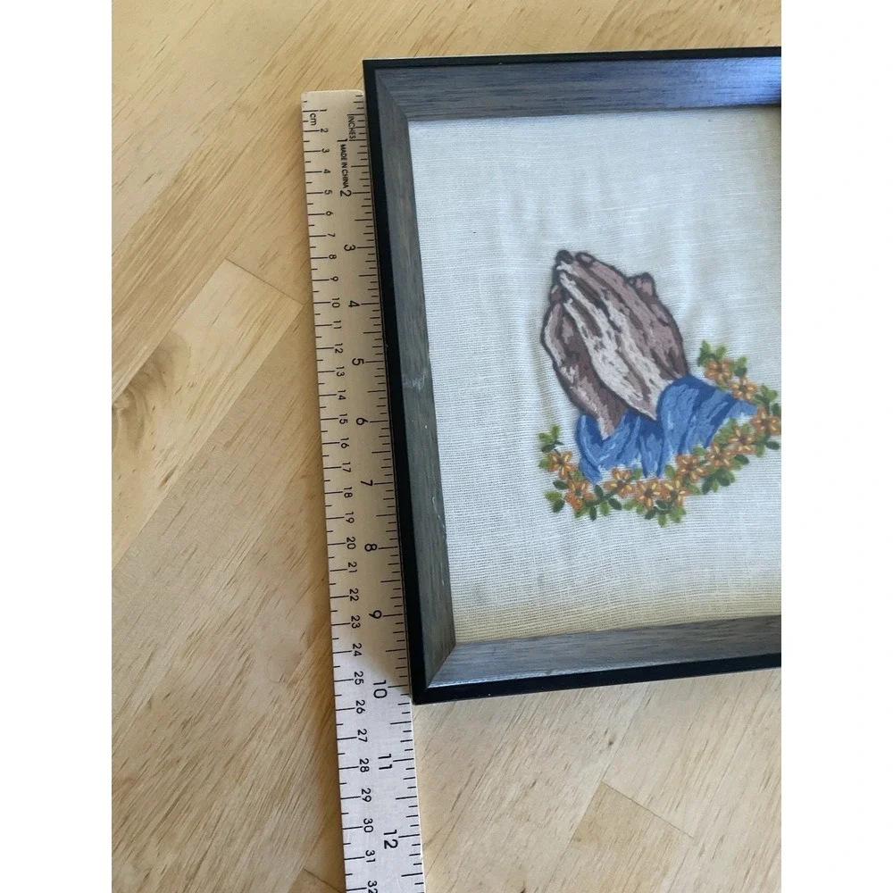 Handmade Praying Hands Vintage Tapestry Framed Artwork 8x10